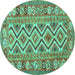 Round Machine Washable Southwestern Turquoise Country Area Rugs, wshcon686turq