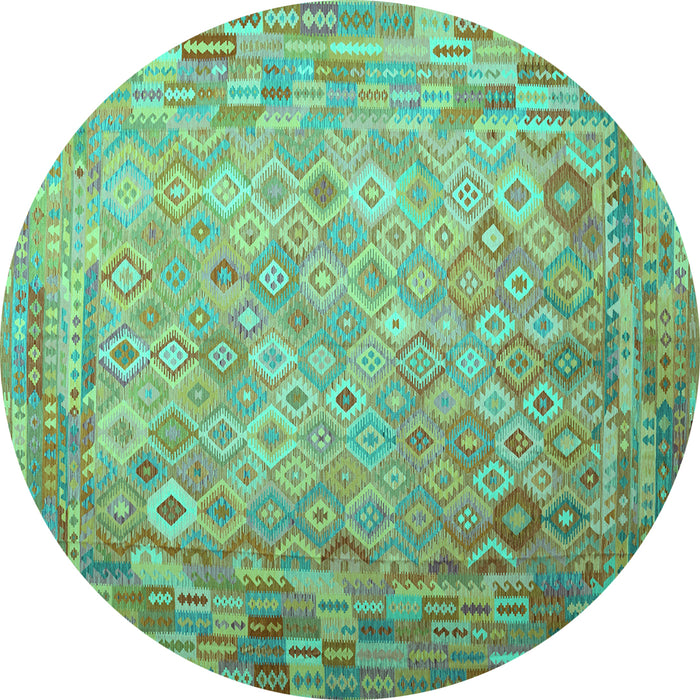 Round Machine Washable Southwestern Turquoise Country Area Rugs, wshcon687turq