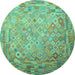 Round Machine Washable Southwestern Turquoise Country Area Rugs, wshcon687turq