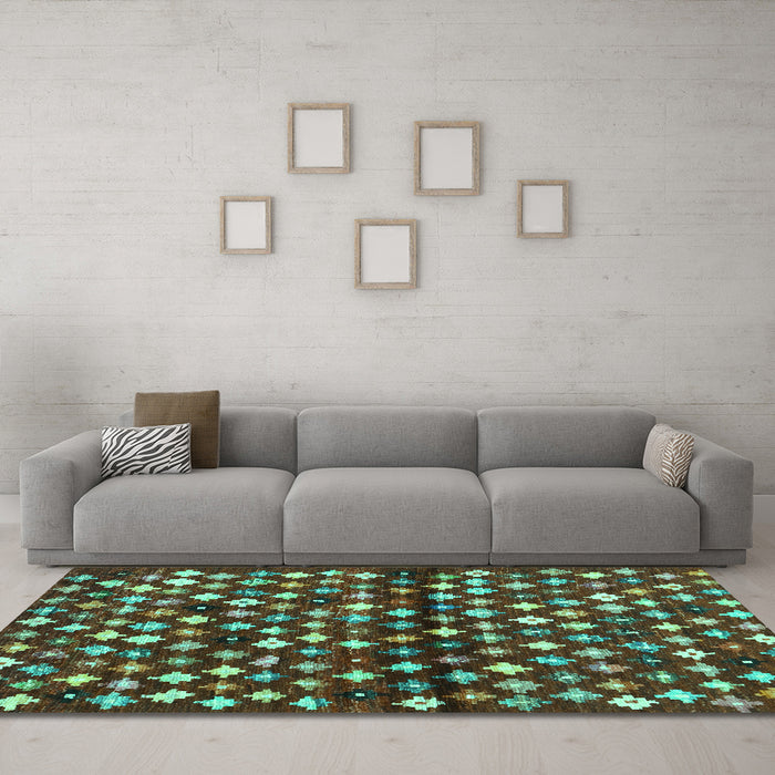 Machine Washable Abstract Turquoise Contemporary Area Rugs in a Living Room,, wshcon696turq