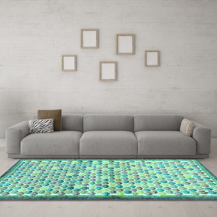 Machine Washable Abstract Turquoise Contemporary Area Rugs in a Living Room,, wshcon697turq