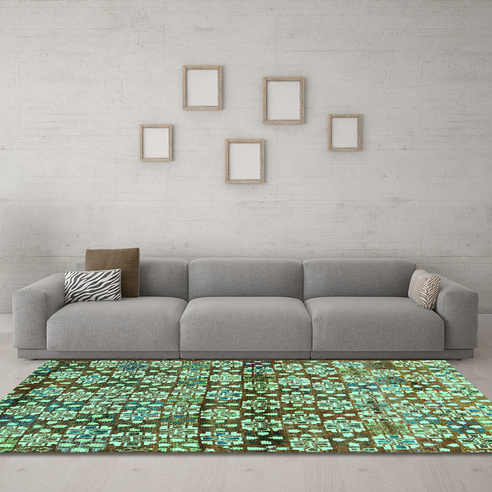 Machine Washable Abstract Turquoise Contemporary Area Rugs in a Living Room,, wshcon707turq