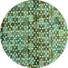 Round Machine Washable Abstract Turquoise Contemporary Area Rugs, wshcon707turq