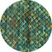 Round Machine Washable Abstract Turquoise Contemporary Area Rugs, wshcon708turq