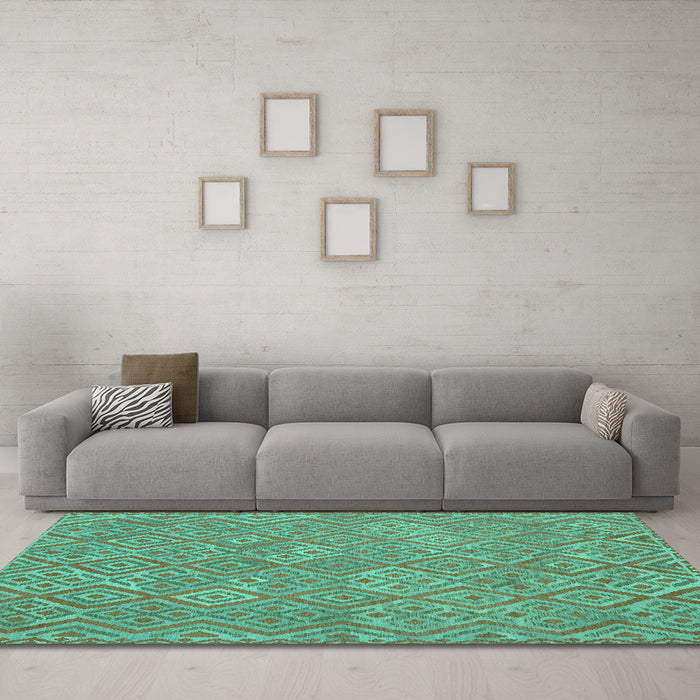 Machine Washable Abstract Turquoise Contemporary Area Rugs in a Living Room,, wshcon714turq
