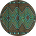 Round Machine Washable Oriental Turquoise Traditional Area Rugs, wshcon726turq