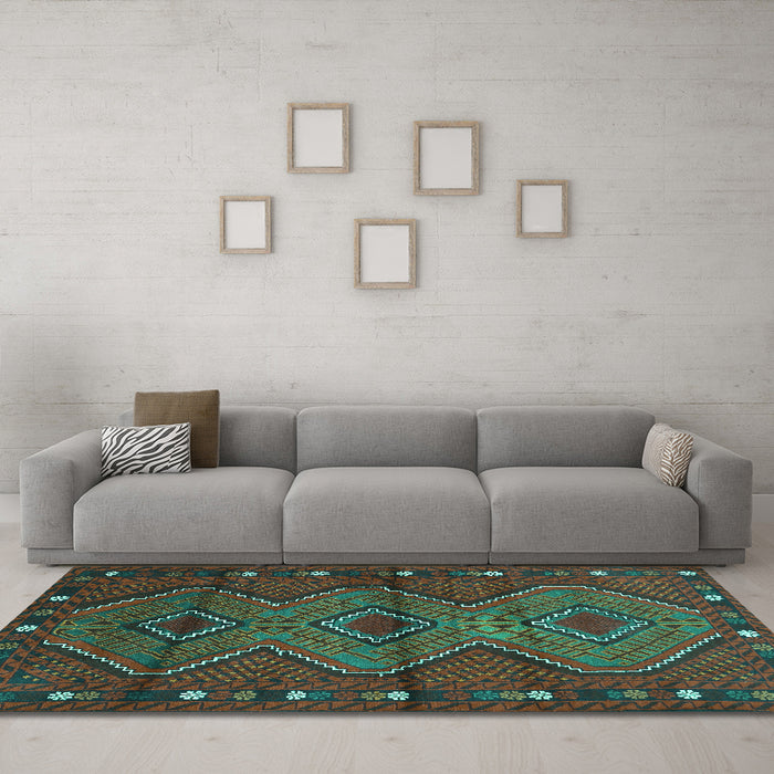 Machine Washable Oriental Turquoise Traditional Area Rugs in a Living Room,, wshcon726turq