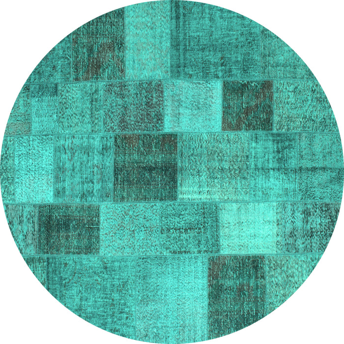 Round Machine Washable Patchwork Turquoise Transitional Area Rugs, wshcon728turq