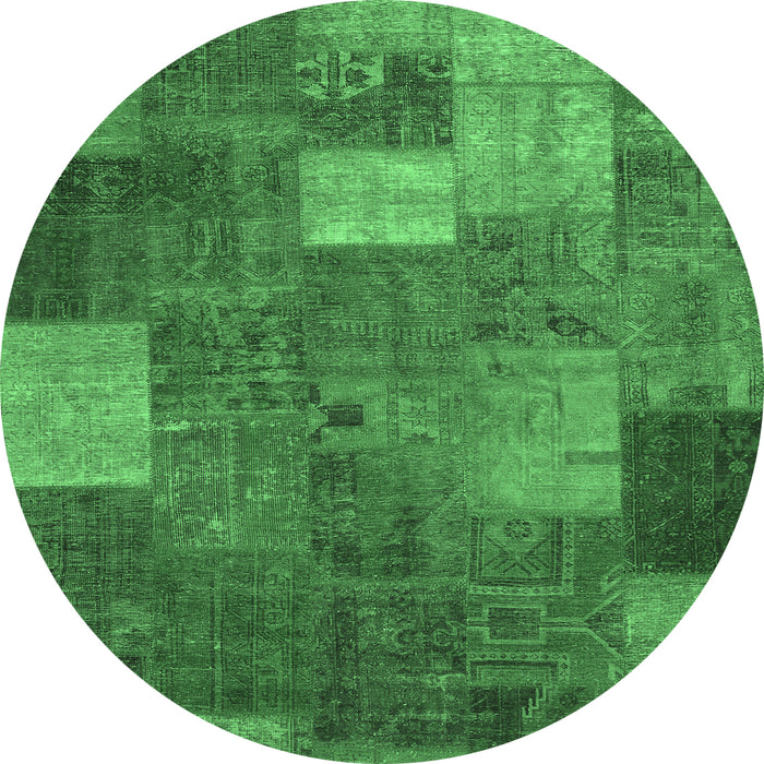 Round Machine Washable Patchwork Emerald Green Transitional Area Rugs, wshcon729emgrn