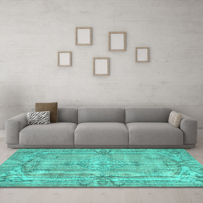 Machine Washable Abstract Turquoise Contemporary Area Rugs in a Living Room,, wshcon734turq
