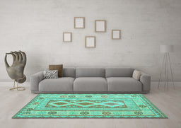 Machine Washable Oriental Turquoise Traditional Area Rugs in a Living Room,, wshcon738turq