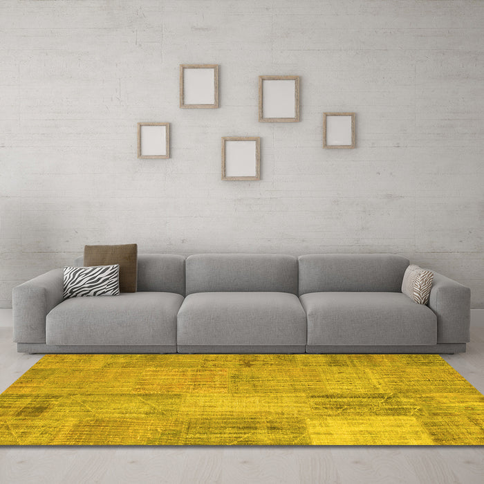 Machine Washable Patchwork Yellow Transitional Rug in a Living Room, wshcon739yw