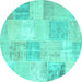 Round Machine Washable Patchwork Turquoise Transitional Area Rugs, wshcon743turq
