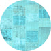 Round Machine Washable Patchwork Light Blue Transitional Rug, wshcon743lblu