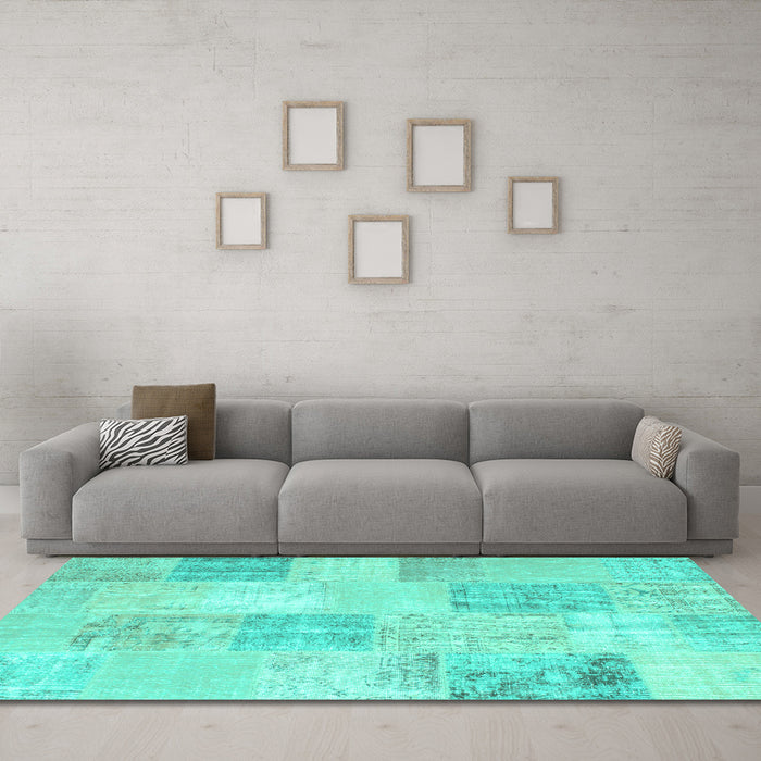 Machine Washable Patchwork Turquoise Transitional Area Rugs in a Living Room,, wshcon743turq