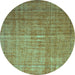 Round Machine Washable Abstract Turquoise Contemporary Area Rugs, wshcon748turq