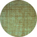 Round Abstract Turquoise Contemporary Rug, con748turq