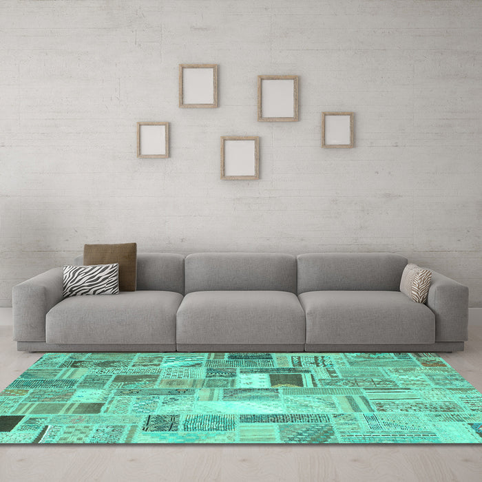 Machine Washable Abstract Turquoise Contemporary Area Rugs in a Living Room,, wshcon751turq
