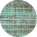 Round Machine Washable Abstract Turquoise Contemporary Area Rugs, wshcon757turq