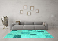 Machine Washable Patchwork Turquoise Transitional Rug, wshcon758turq