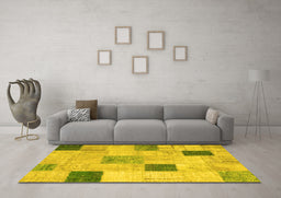 Machine Washable Patchwork Yellow Transitional Rug in a Living Room, wshcon758yw