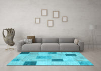 Machine Washable Patchwork Light Blue Transitional Rug, wshcon758lblu