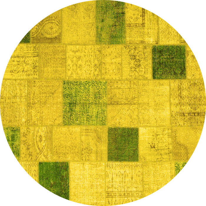 Round Machine Washable Patchwork Yellow Transitional Rug, wshcon758yw