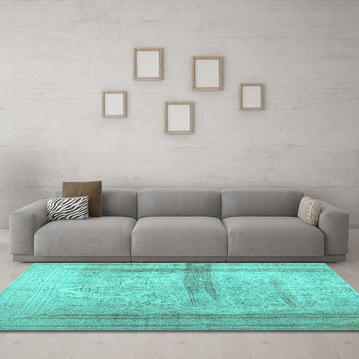 Machine Washable Abstract Turquoise Contemporary Area Rugs in a Living Room,, wshcon760turq