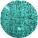 Round Machine Washable Abstract Turquoise Contemporary Area Rugs, wshcon773turq