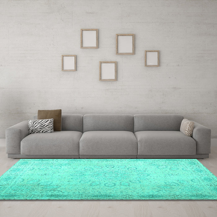 Machine Washable Abstract Turquoise Contemporary Area Rugs in a Living Room,, wshcon775turq