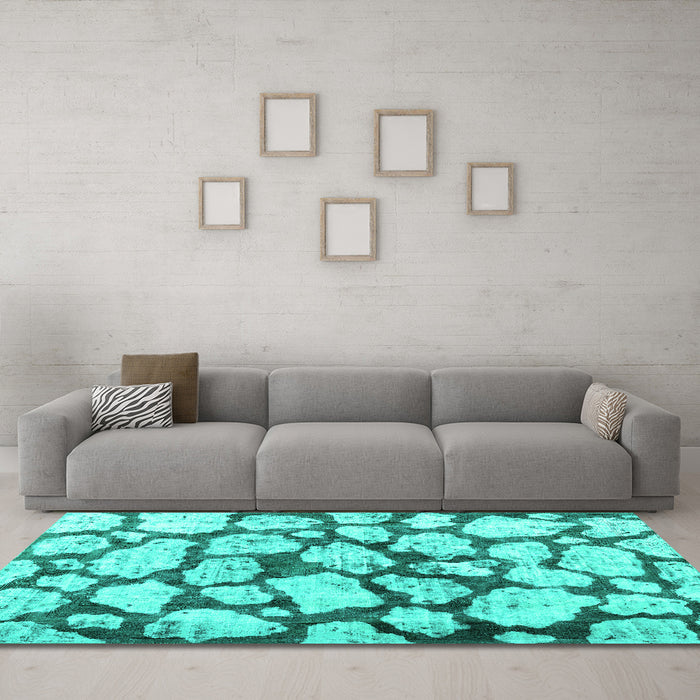 Machine Washable Abstract Turquoise Contemporary Area Rugs in a Living Room,, wshcon779turq