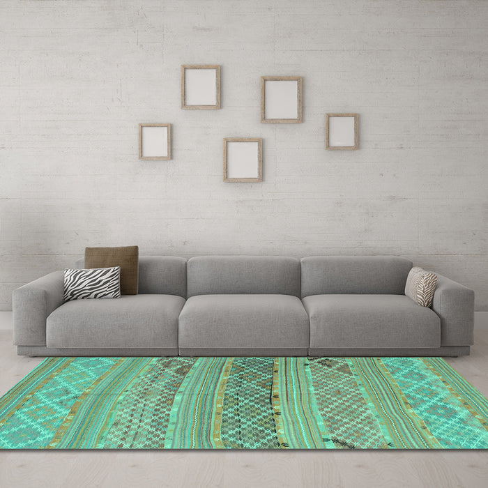 Machine Washable Southwestern Turquoise Country Area Rugs in a Living Room,, wshcon803turq