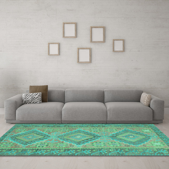 Machine Washable Oriental Turquoise Traditional Area Rugs in a Living Room,, wshcon809turq