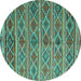 Round Machine Washable Oriental Turquoise Traditional Area Rugs, wshcon810turq