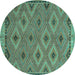 Round Machine Washable Oriental Turquoise Traditional Area Rugs, wshcon811turq