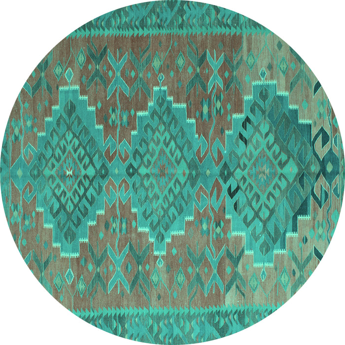 Round Machine Washable Oriental Turquoise Traditional Area Rugs, wshcon821turq