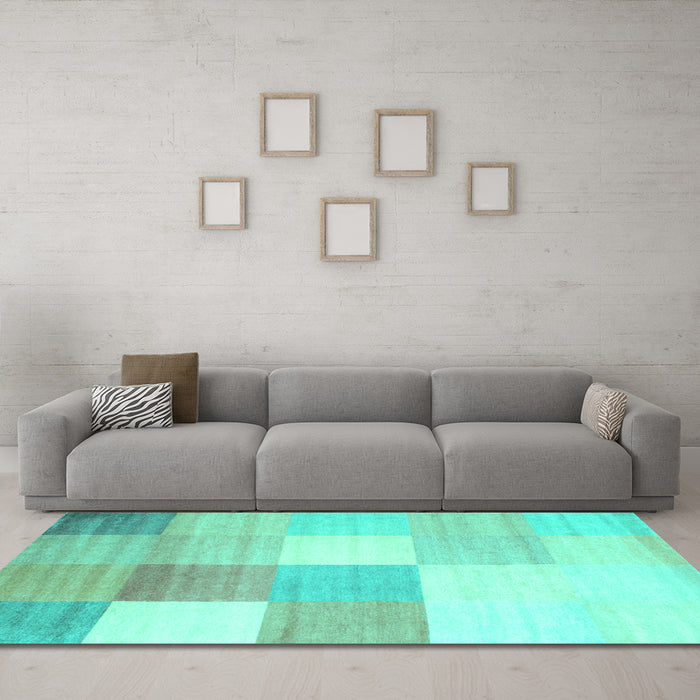 Machine Washable Checkered Turquoise Modern Area Rugs in a Living Room,, wshcon824turq