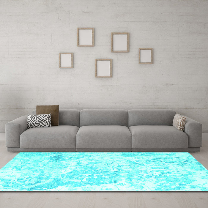 Machine Washable Abstract Turquoise Contemporary Area Rugs in a Living Room,, wshcon828turq