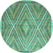 Round Machine Washable Southwestern Turquoise Country Area Rugs, wshcon843turq