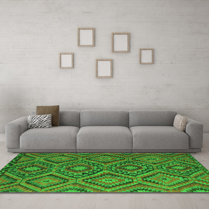Machine Washable Southwestern Green Country Area Rugs in a Living Room,, wshcon844grn