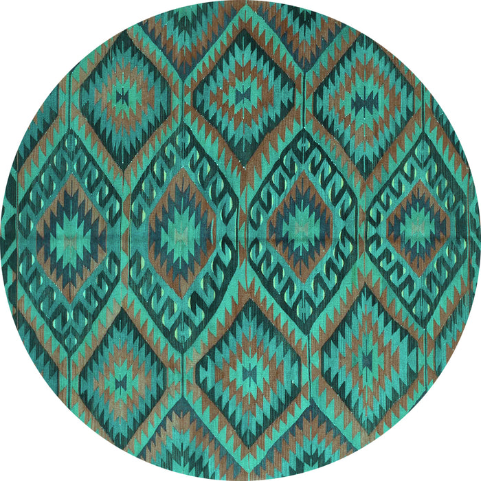 Round Machine Washable Southwestern Turquoise Country Area Rugs, wshcon844turq
