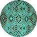 Round Machine Washable Southwestern Turquoise Country Area Rugs, wshcon851turq