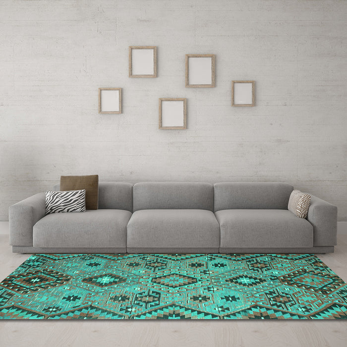 Machine Washable Southwestern Turquoise Country Area Rugs in a Living Room,, wshcon851turq