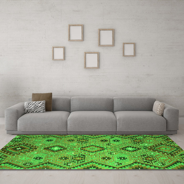 Machine Washable Southwestern Green Country Area Rugs in a Living Room,, wshcon851grn