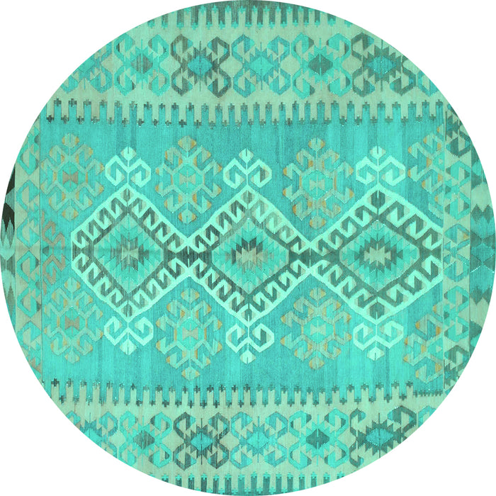 Round Machine Washable Southwestern Turquoise Country Area Rugs, wshcon854turq