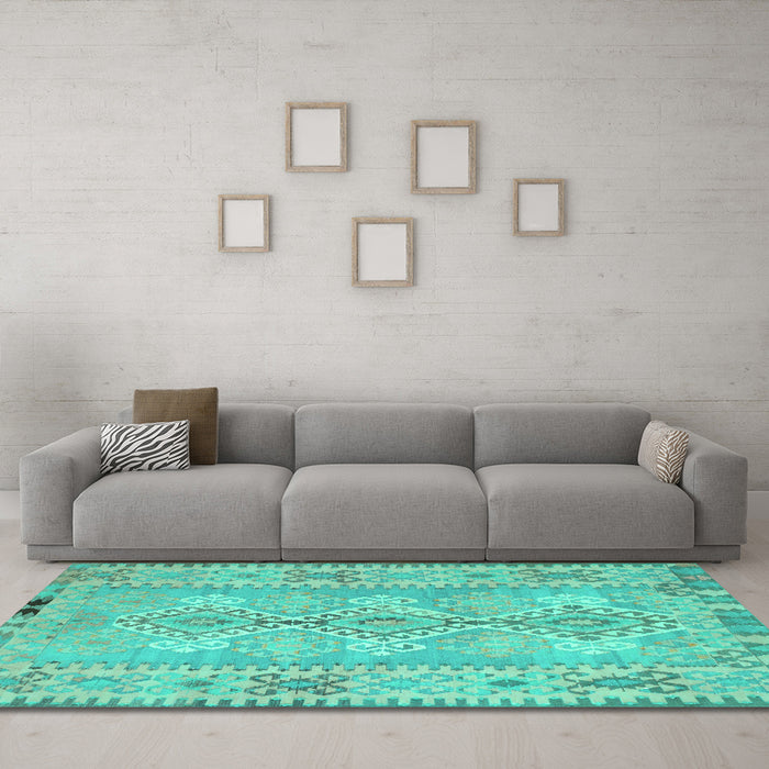 Machine Washable Southwestern Turquoise Country Area Rugs in a Living Room,, wshcon854turq