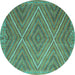 Round Machine Washable Southwestern Turquoise Country Area Rugs, wshcon855turq