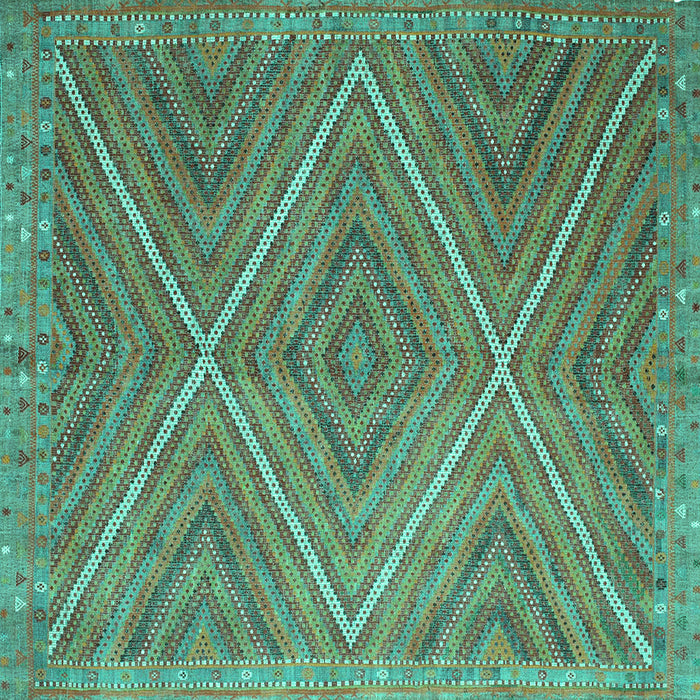Square Machine Washable Southwestern Turquoise Country Area Rugs, wshcon855turq