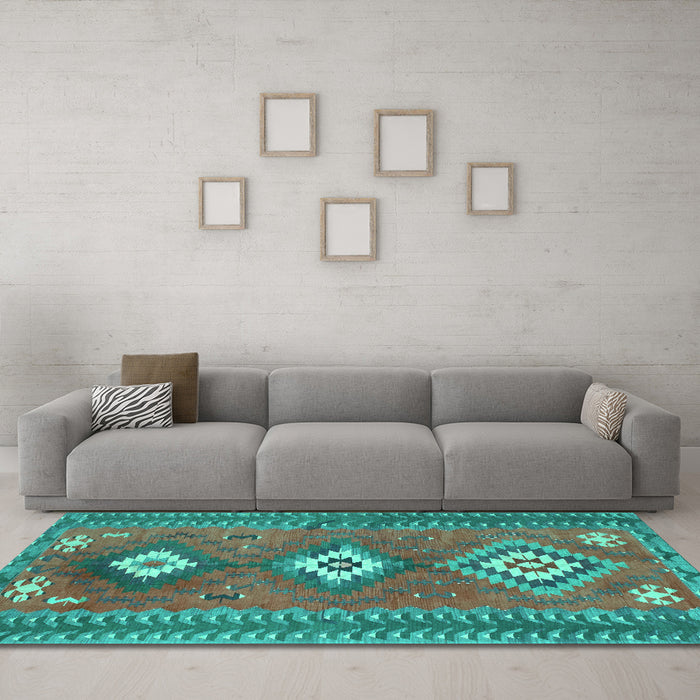 Machine Washable Oriental Turquoise Traditional Area Rugs in a Living Room,, wshcon856turq