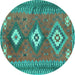 Round Machine Washable Oriental Turquoise Traditional Area Rugs, wshcon856turq